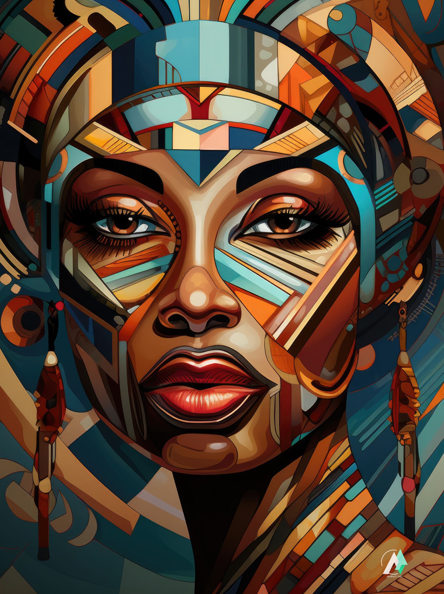 A close-up of a woman's face with vibrant, colorful face paint, highlighting an eye and mouth, resembling an artistic abstract painting.