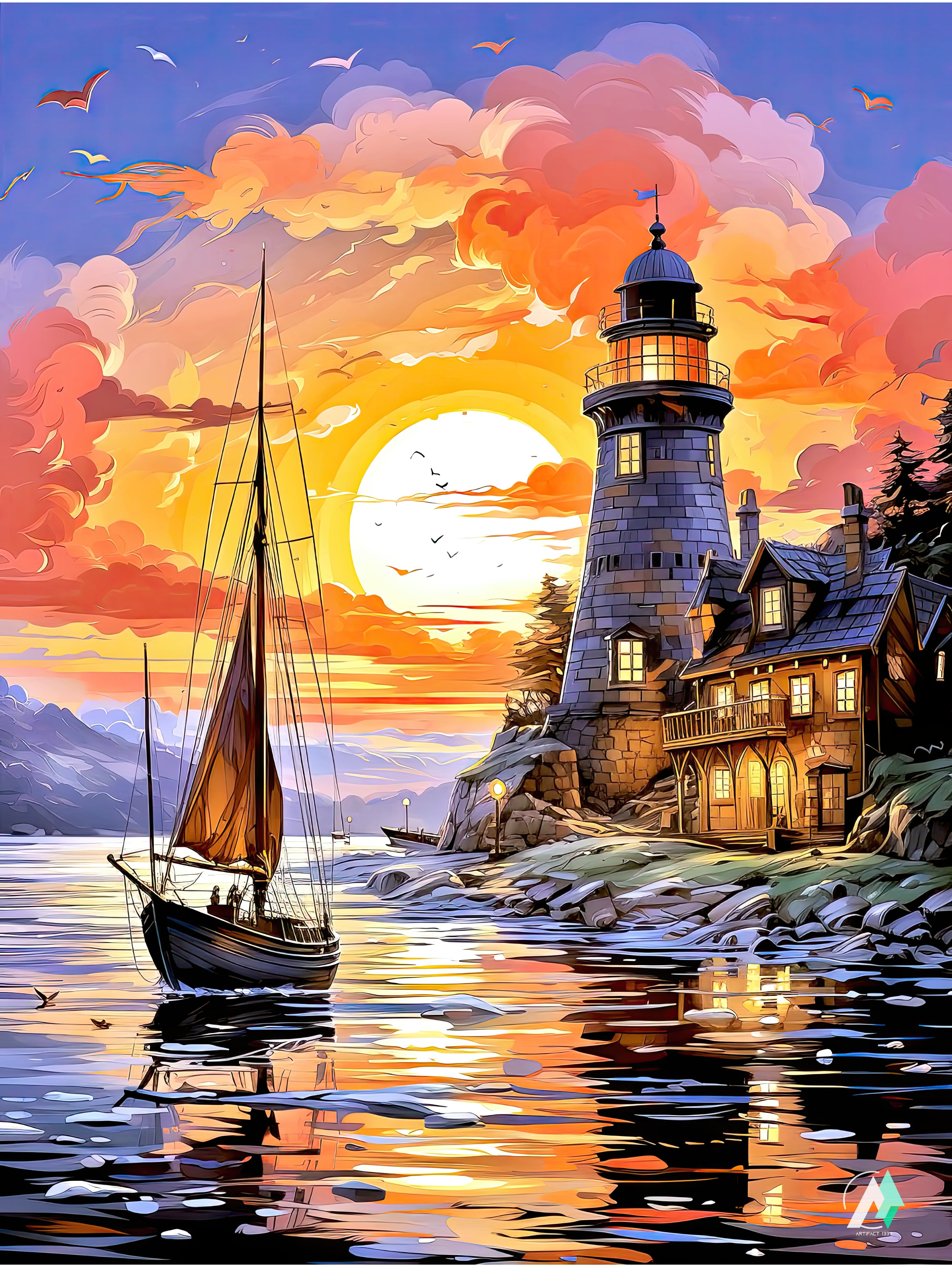 Jigsaw Puzzle of a painting depicting a sailboat at sunset near a lighthouse, set against a serene water backdrop, capturing the tranquility of maritime scenes.