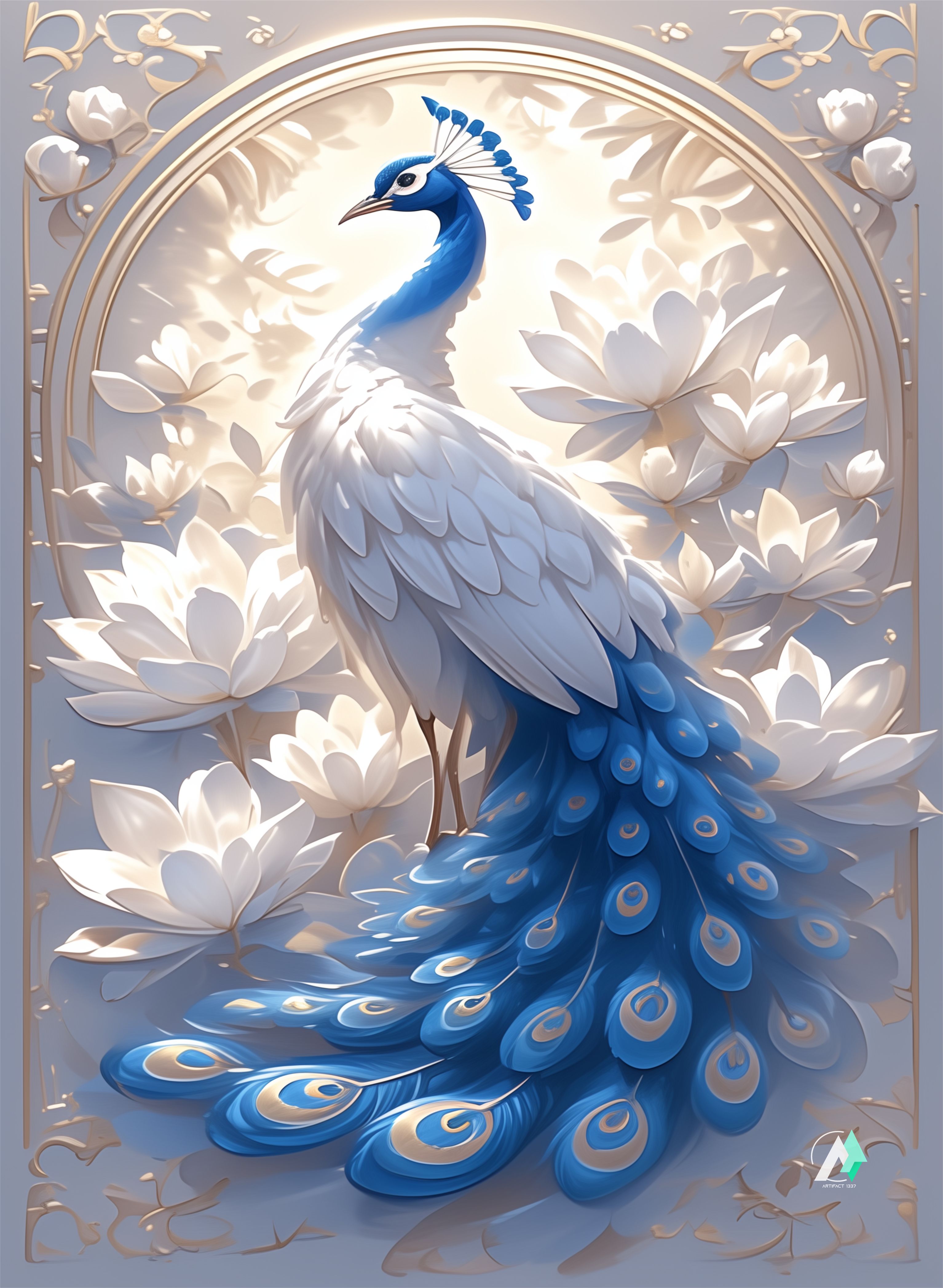 Painting of a blue and white peacock jigsaw puzzle, showcasing intricate feathers and artistic details, emphasizing its elegant posture and vibrant colors.