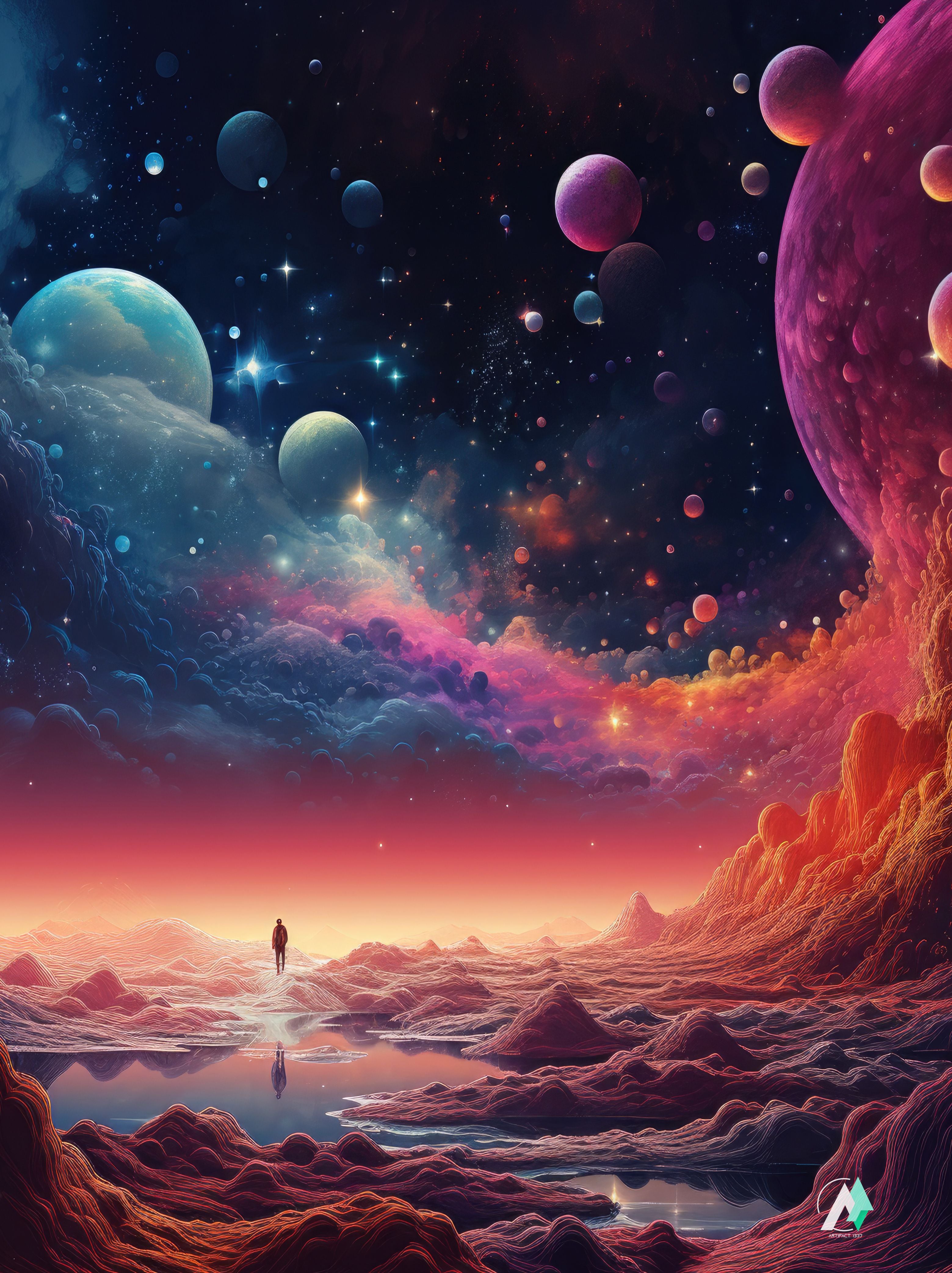 Jigsaw Puzzle of an illustration of a person walking in a alien desert with colorful celestial planets and stars visible in the sky above.