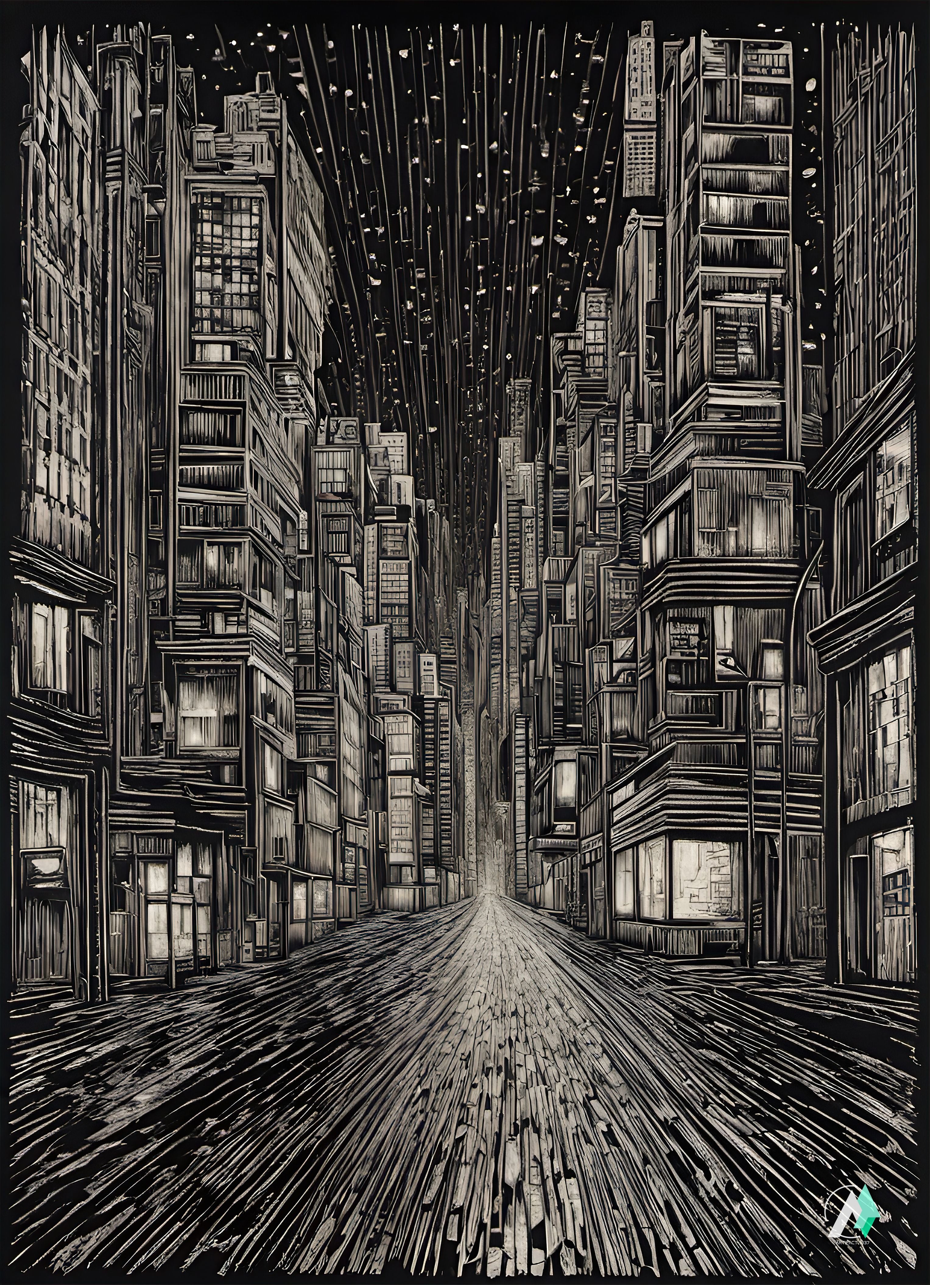 Jigsaw Puzzle of a black and white sketch depicting a street with buildings in the background and a long road lined with windows.