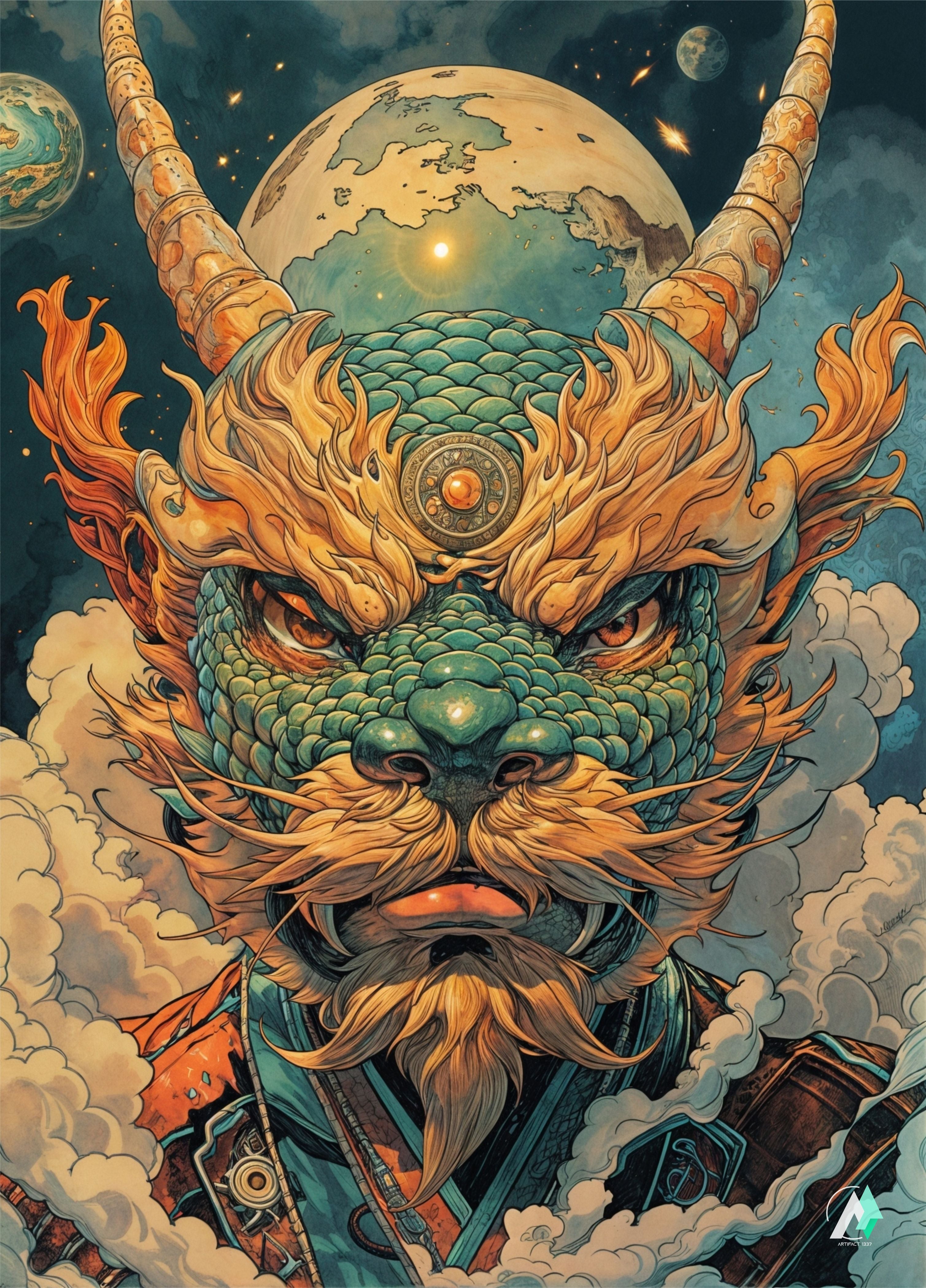 Jigsaw Puzzle of a Illustration of a dragon with horns, beard, and mustache, set against a vibrant, artistic background, resembling a painting.