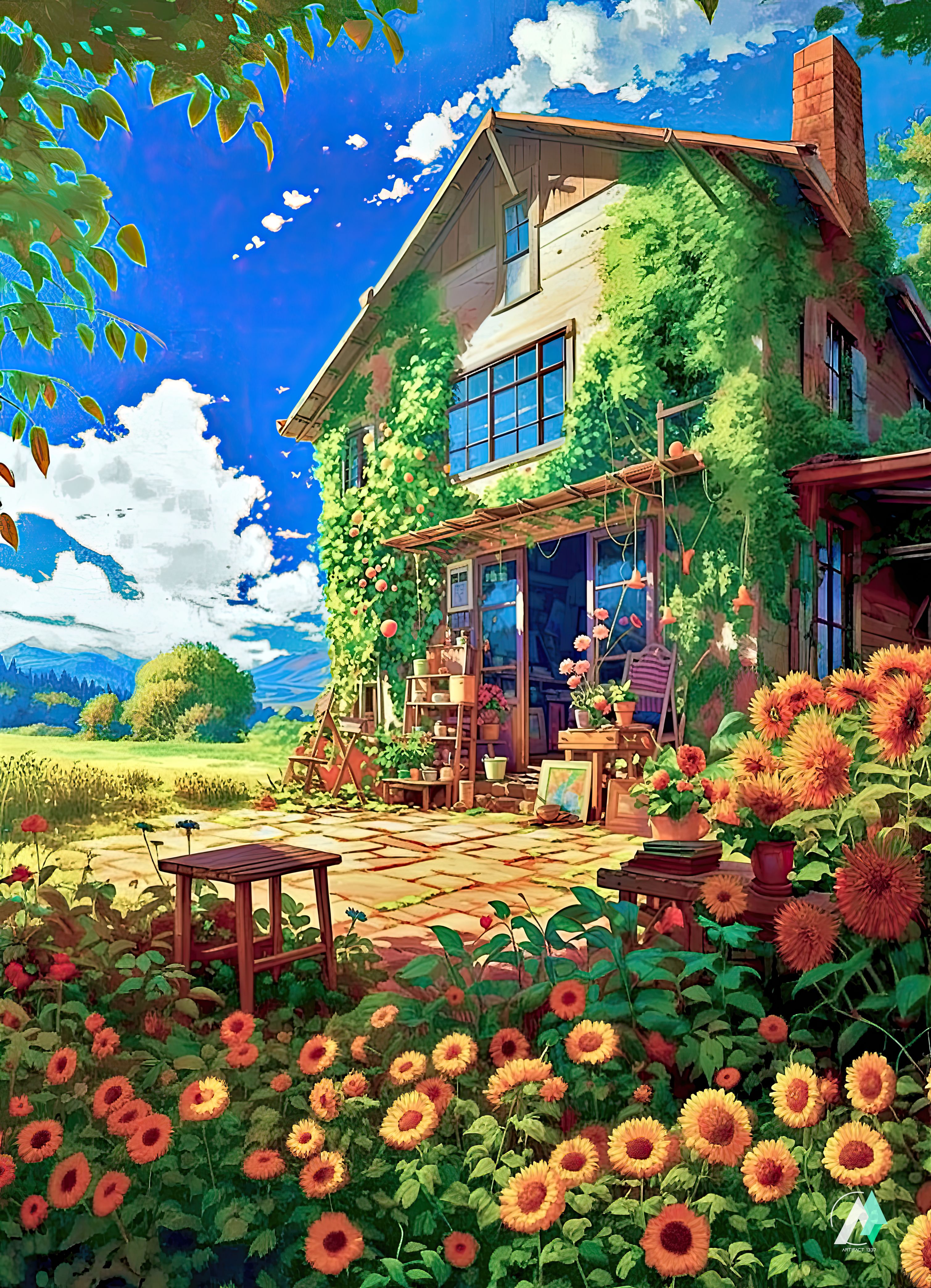 Jigsaw Puzzle of a house with plants along its side, featuring a garden area with a wooden stool and several close-up shots of sun flowers.