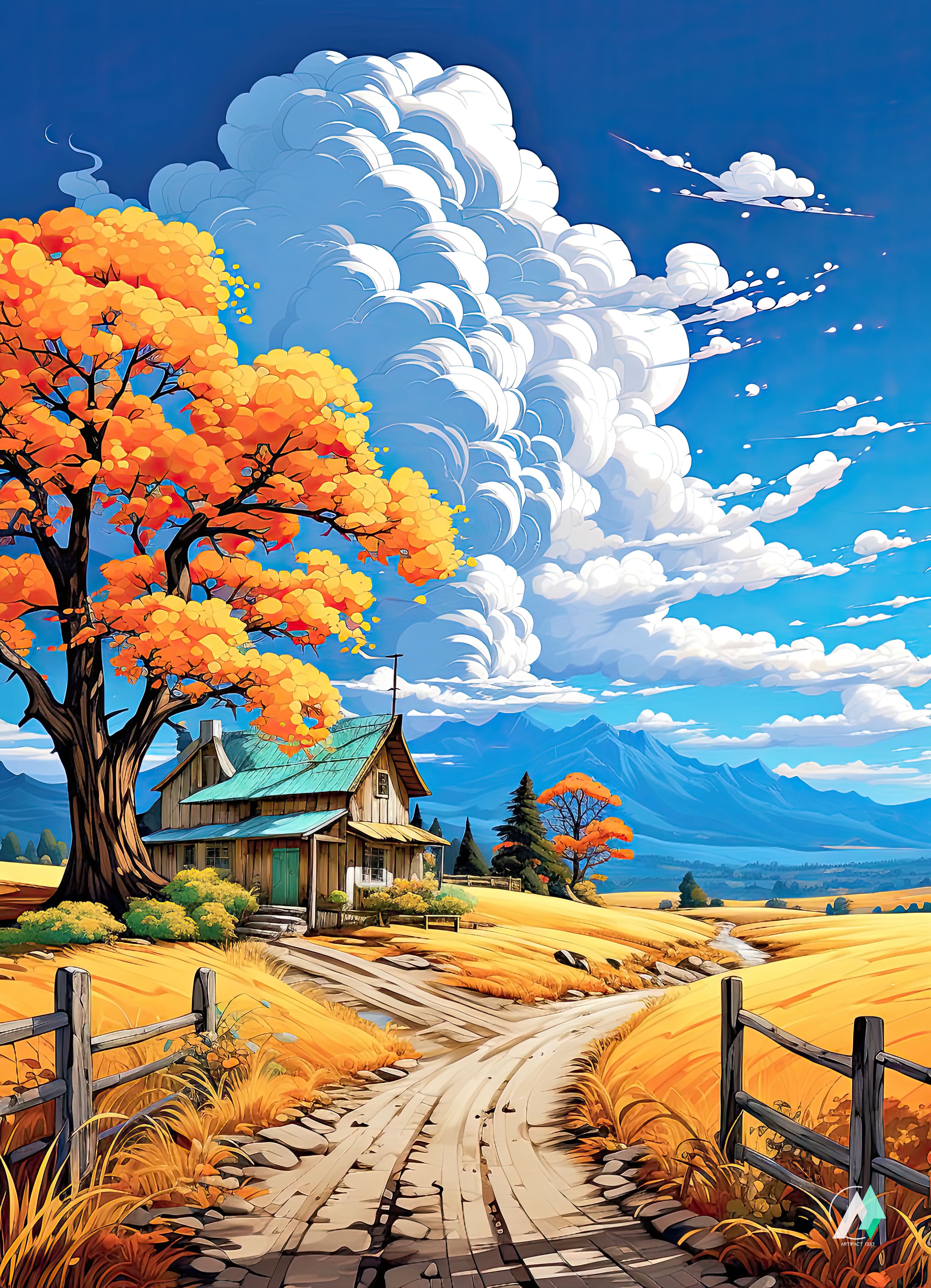 Jigsaw Puzzle of a rural landscape featuring a house with a green roof and blue door, surrounded by a field, orange-leaved tree, and mountains in the background.