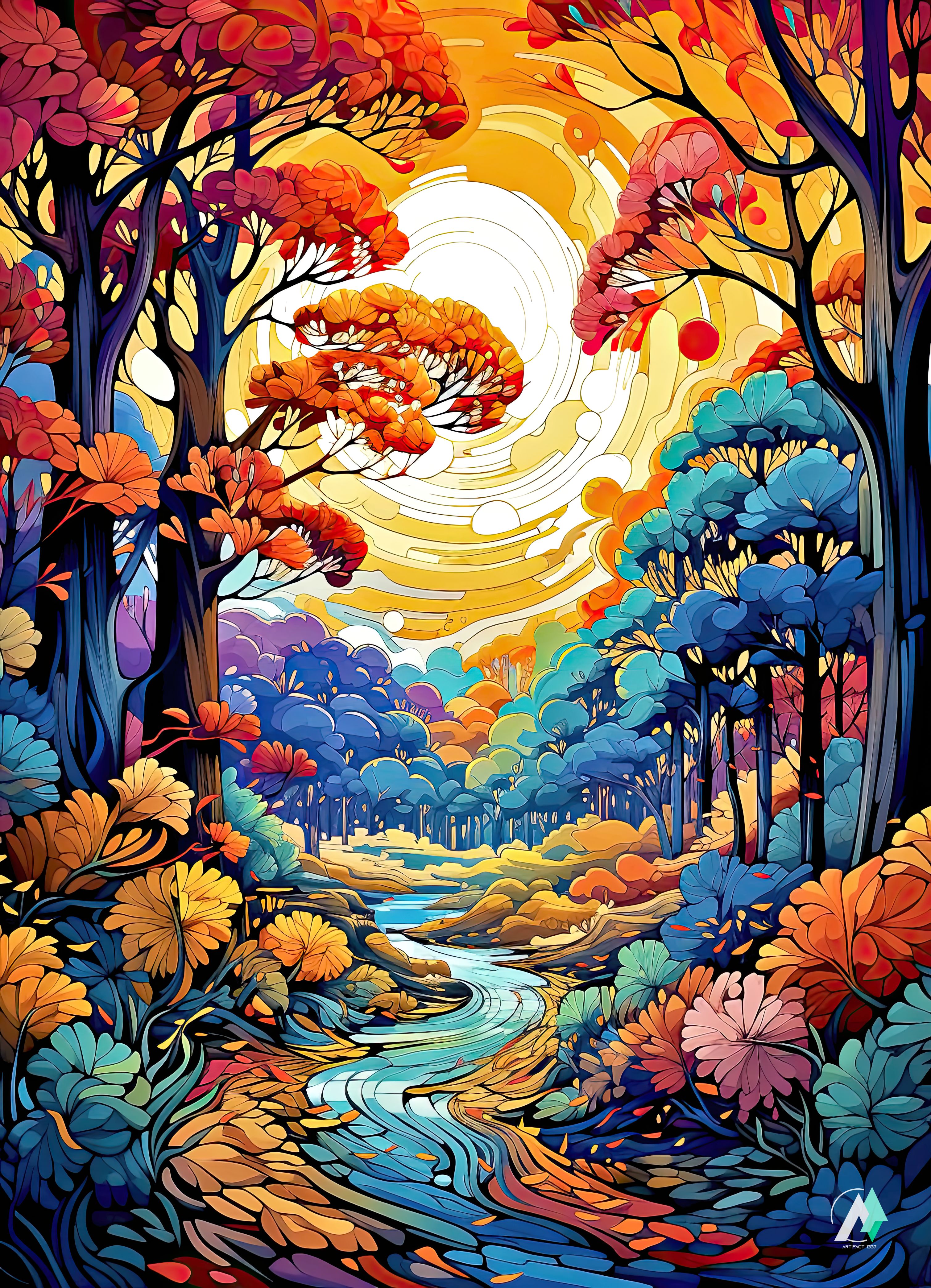 Jigsaw Puzzle of a colorful forest painting depicting a river flowing through vibrant trees, featuring a close-up of a butterfly and floral details.