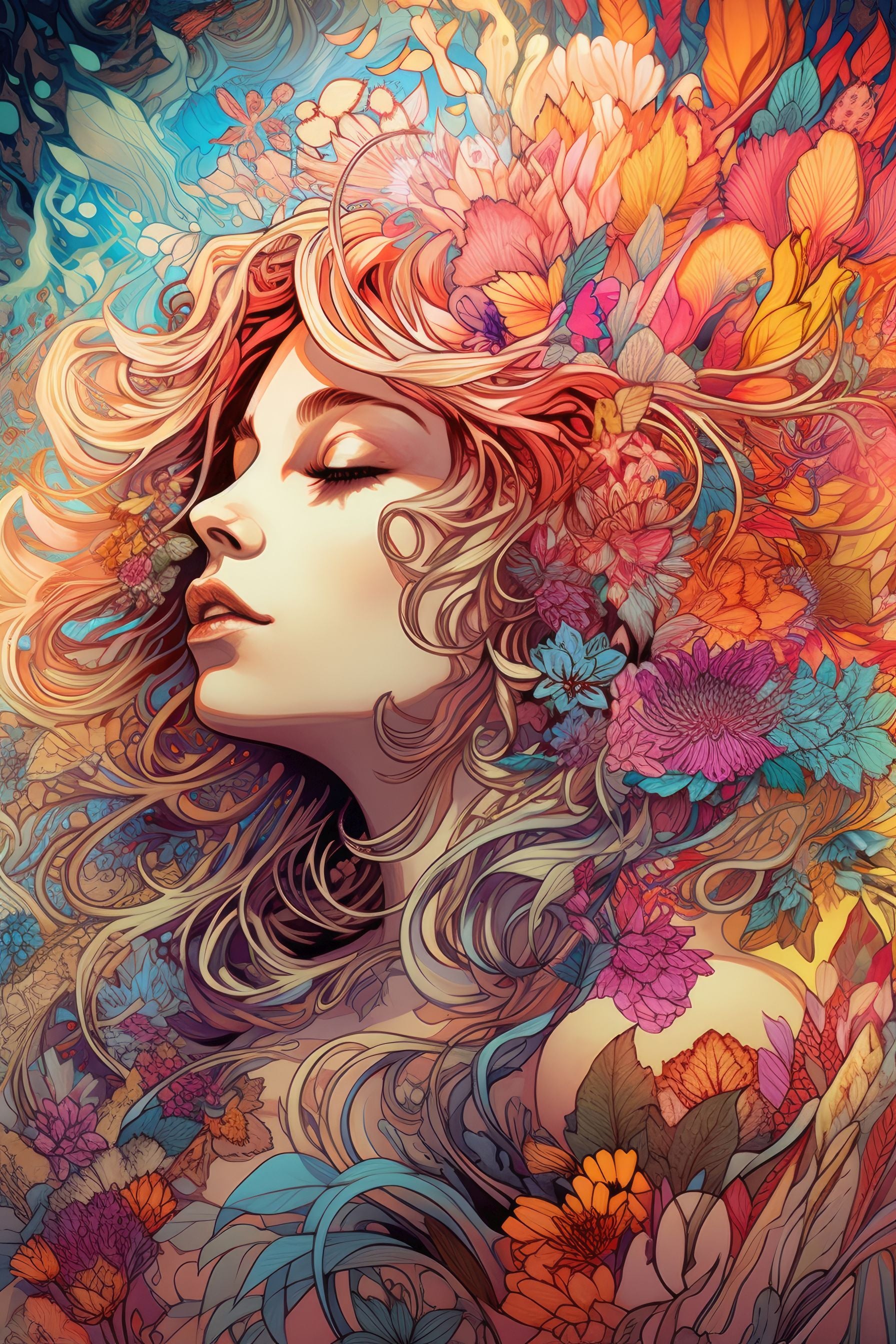 Jigsaw Puzzle of a modern art painting of a woman's face adorned with various colorful flowers, highlighting intricate floral details in a vibrant, illustrative style.