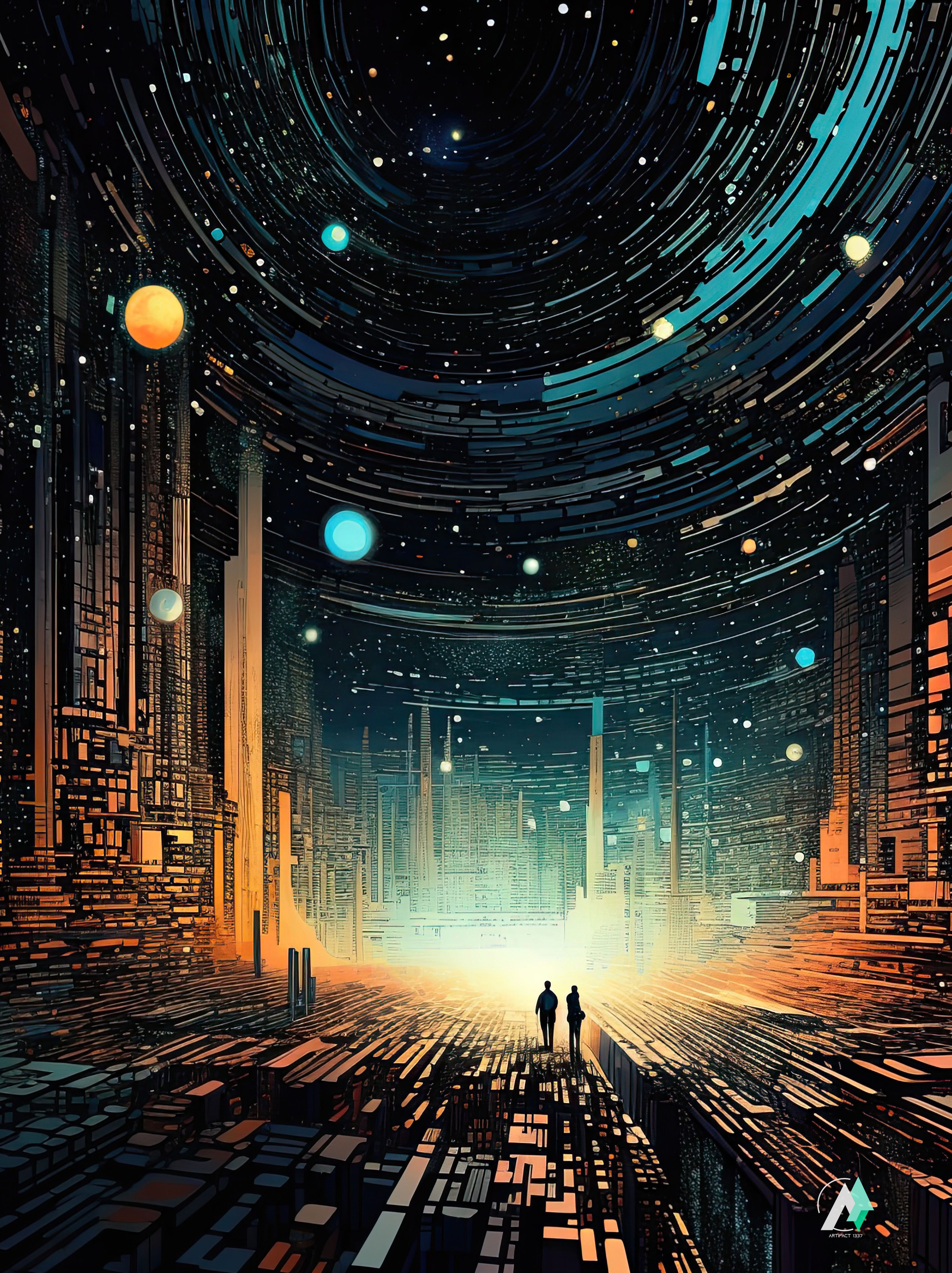 Jigsaw Puzzle of two people stand in a futuristic cityscape, accompanied by yellow and blue circles and orbs, with an opening above that looks out to the stars.