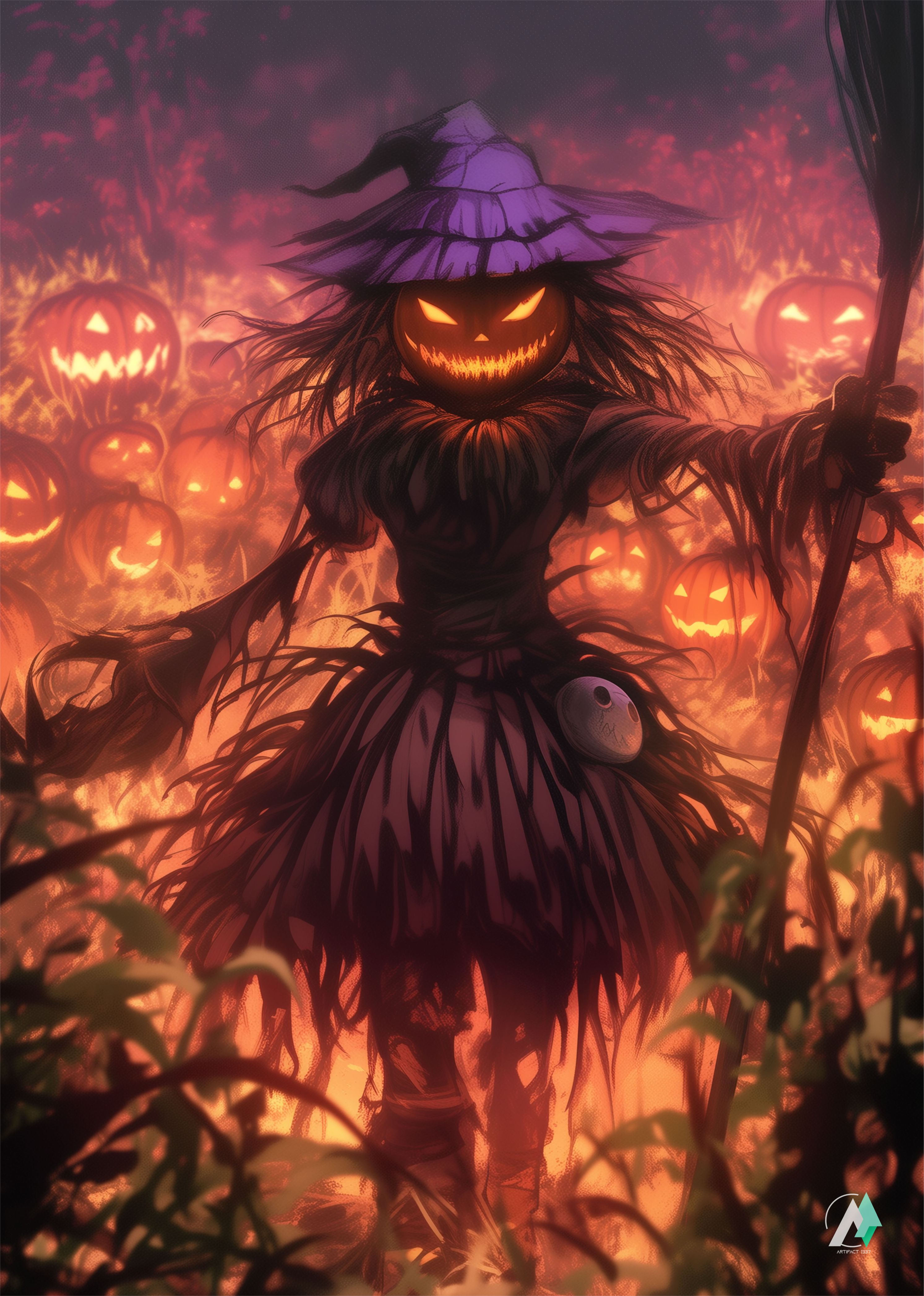 Jigsaw Puzzle of a cartoon scarecrow surrounded by pumpkins, featuring one pumpkin with glowing eyes, all depicted in a whimsical, artistic style.