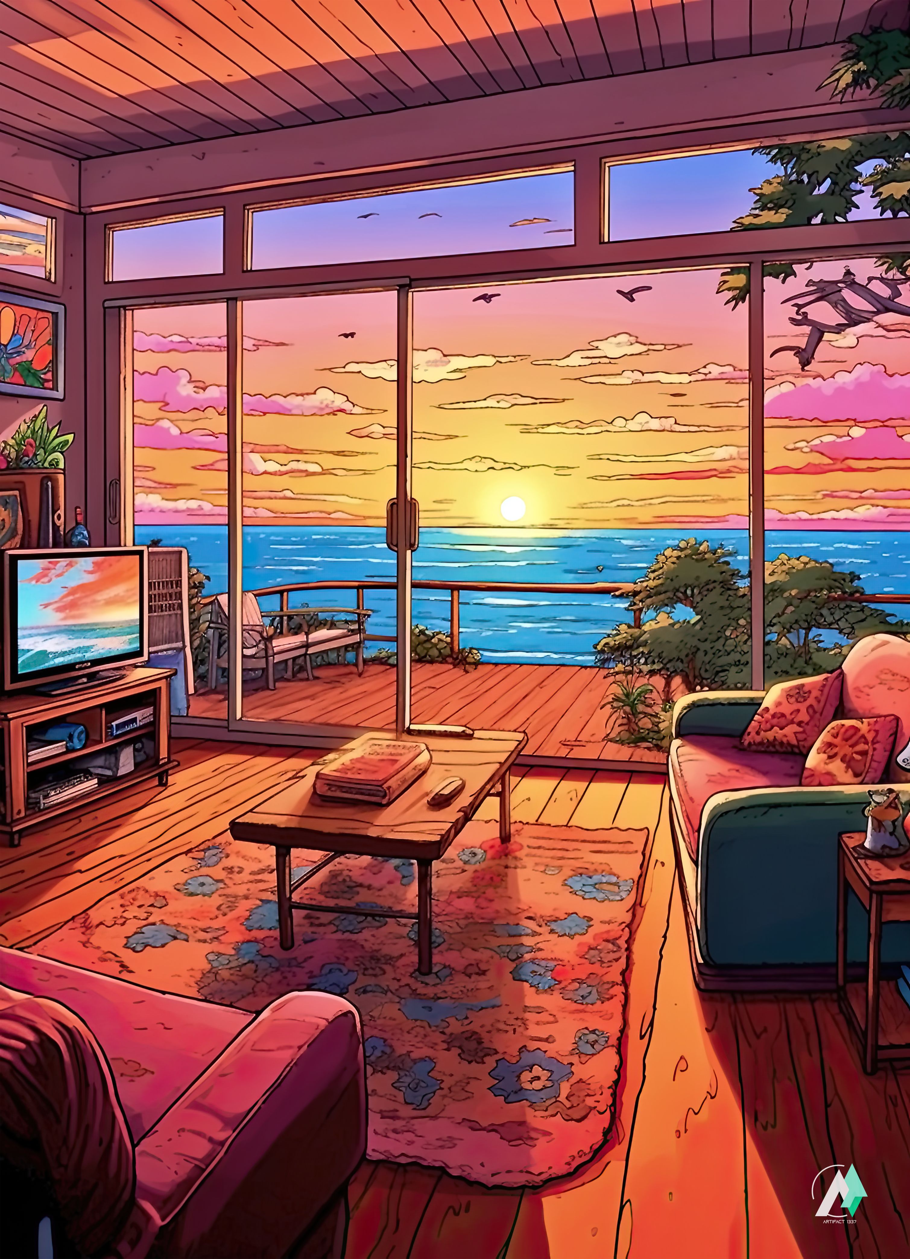 Jigsaw Puzzle of a living room with ocean sunset view, featuring a couch, coffee table with a book and remote, and a television on a stand.