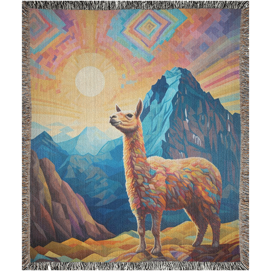 Llama on the Mountaintop woven blanket, featuring a colorful llama painting, crafted with 100% cotton for a luxurious and durable home decor piece.