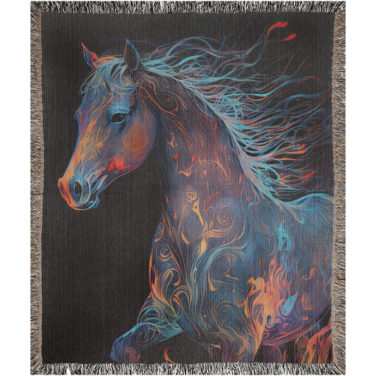 Embermane Woven Blanket featuring a vibrant horse painting, crafted from 100% cotton for a luxurious and durable home accent.