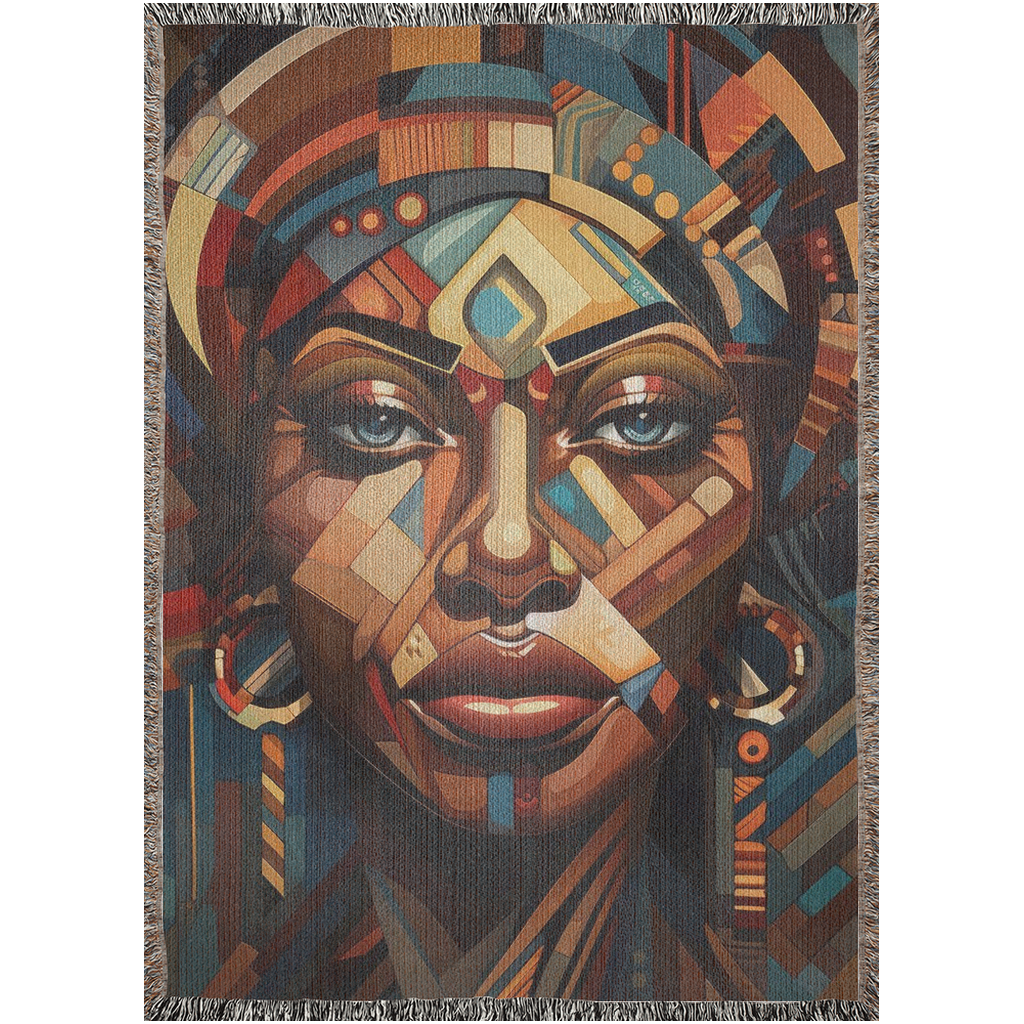Cubist Beauty I Woven Blanket featuring a woman's face in a colorful tapestry, made from 100% cotton, perfect for home décor or gifting.