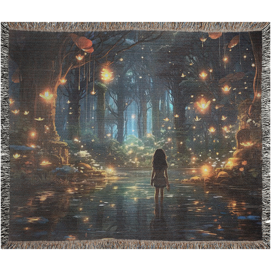 Woven blanket featuring Forest of Magic design, depicting a girl in a lit forest, blending art and luxury for home decor.
