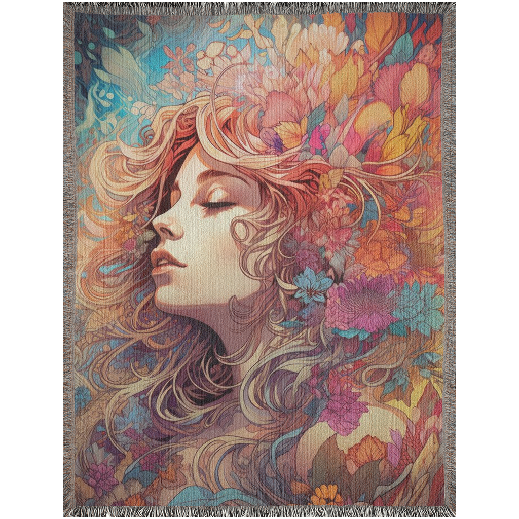Beauty in Bloom I Woven Blanket features a woman with long hair adorned with flowers, capturing an artistic portrait perfect for home décor.