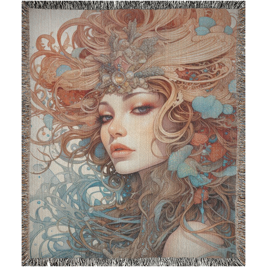 Beauty in Bloom III Woven Blanket features a woman with long hair adorned with flowers, capturing an artistic portrait perfect for home décor.