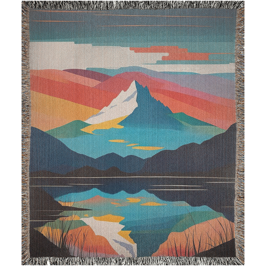 woven blanket, woven throw, throw, throw blanket, cotton woven blanket, jacquard woven blanket, jacquard weave, art blanket, art throw blanket, mountain peak blanket, mountain lake blanket, blanket with mountains and lake, retro vibes blanket