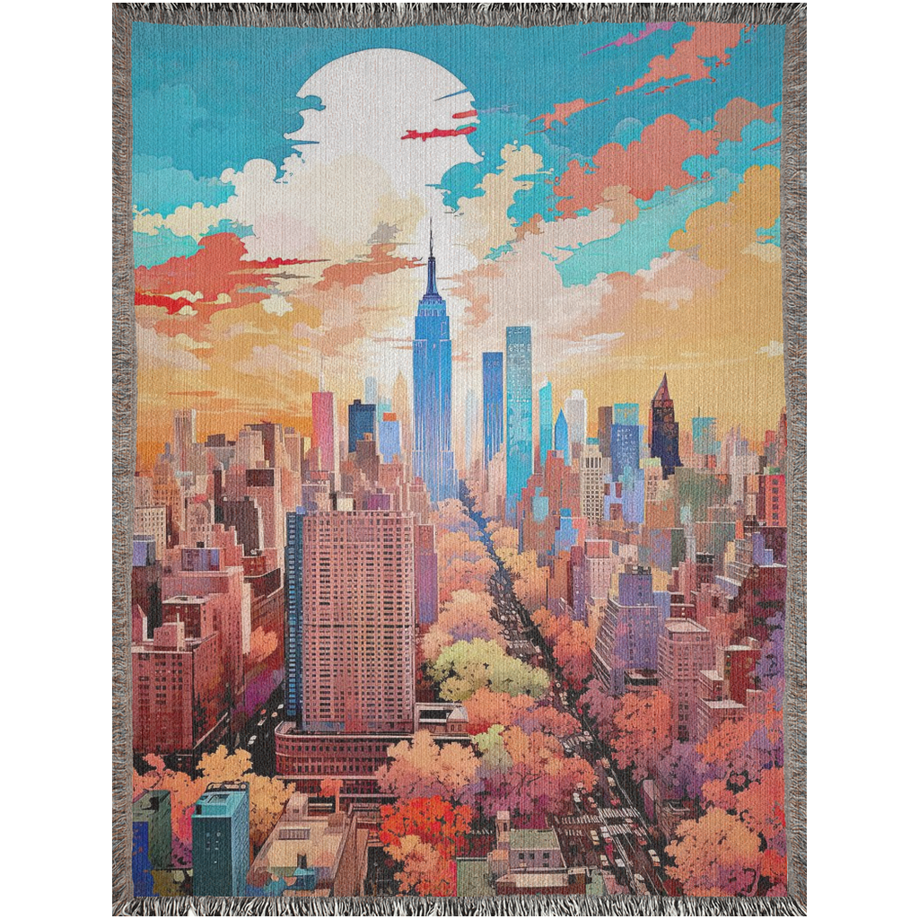 Woven blanket featuring a cityscape design, titled New York in Pastels II, showcasing intricate artistry, ideal for home decor or gifting. Made from 100% pure cotton.