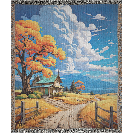 Rustic Idyll Woven Blanket features a scenic house, road, and tree design, adding luxury and personality to home décor.
