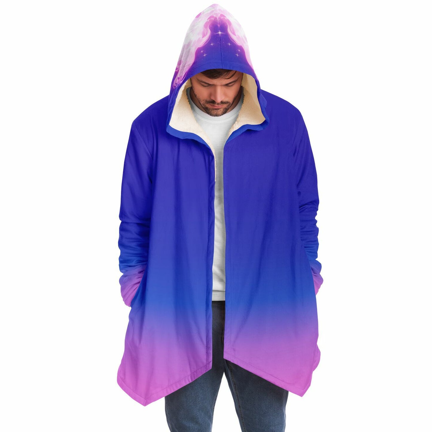 A man wearing the Ethereal Gem 1337 Cloak, showcasing its hooded design and luxurious fabric, perfect for warmth and style on chilly days.