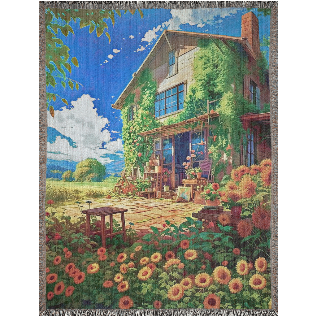 Bohemian Sunflower House woven blanket featuring a house and sunflowers, crafted from 100% cotton, ideal as a luxurious home decor piece.