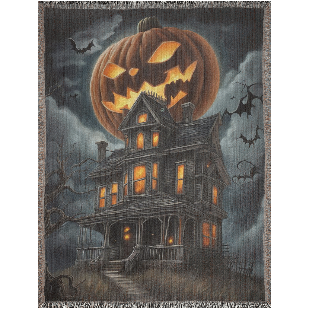 Pumpkin Manor woven blanket featuring a pumpkin atop a house, perfect for adding luxury and personality to your home decor.