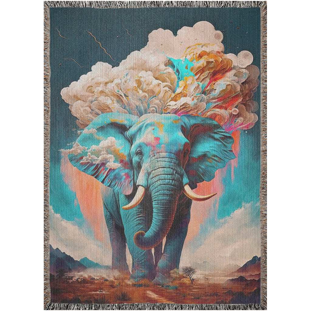 Elemental Elephant Woven Blanket featuring a vibrant elephant design with cloud patterns, showcasing artistic detail and luxury for home décor.