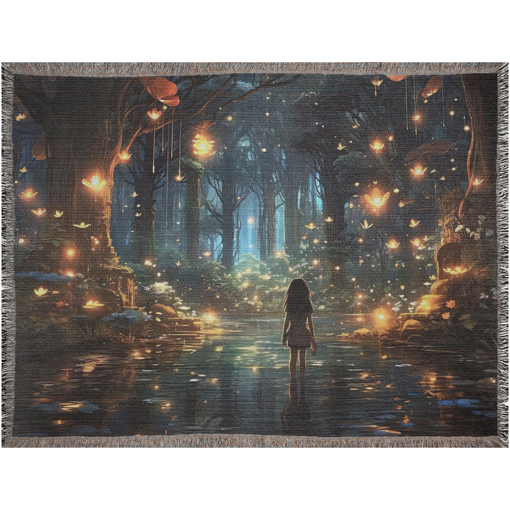 Woven blanket featuring Forest of Magic design, depicting a girl in a lit forest, blending art and luxury for home decor.