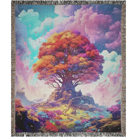 Freyja's Orchard Woven Blanket featuring a vibrant tree design, crafted with 100% cotton, perfect for adding luxury and personality to your home.
