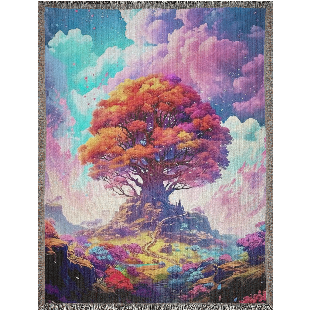 Freyja's Orchard Woven Blanket featuring a vibrant tree design, crafted with 100% cotton, perfect for adding luxury and personality to your home.