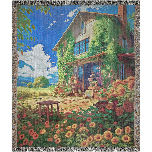 Bohemian Sunflower House woven blanket featuring a house and sunflowers, crafted from 100% cotton, ideal as a luxurious home decor piece.