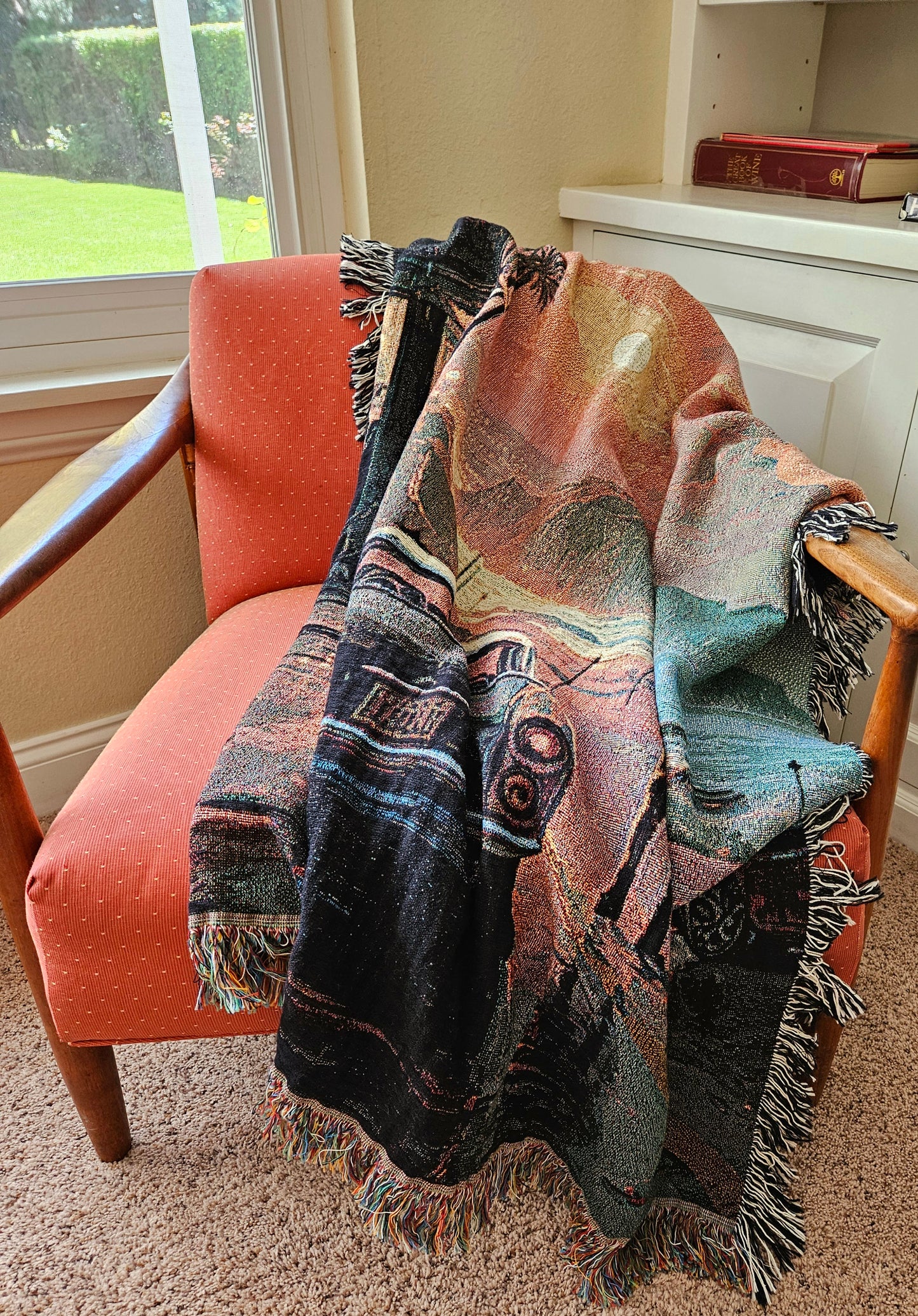 Man walking by a car under rain depicted on the Reflections in the Rain woven blanket from Artifact1337, showcasing luxury and intricate weaving.
