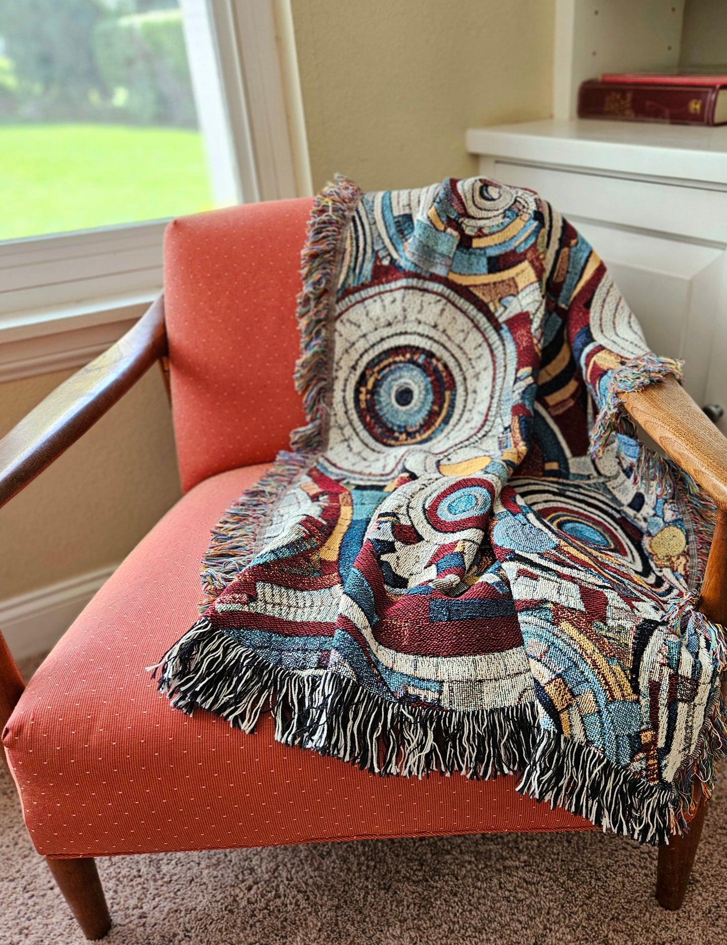 Spiral Abstraction I Woven Blanket featuring a vibrant pattern, showcasing artistic motifs, made from 100% pure cotton for a luxurious touch.