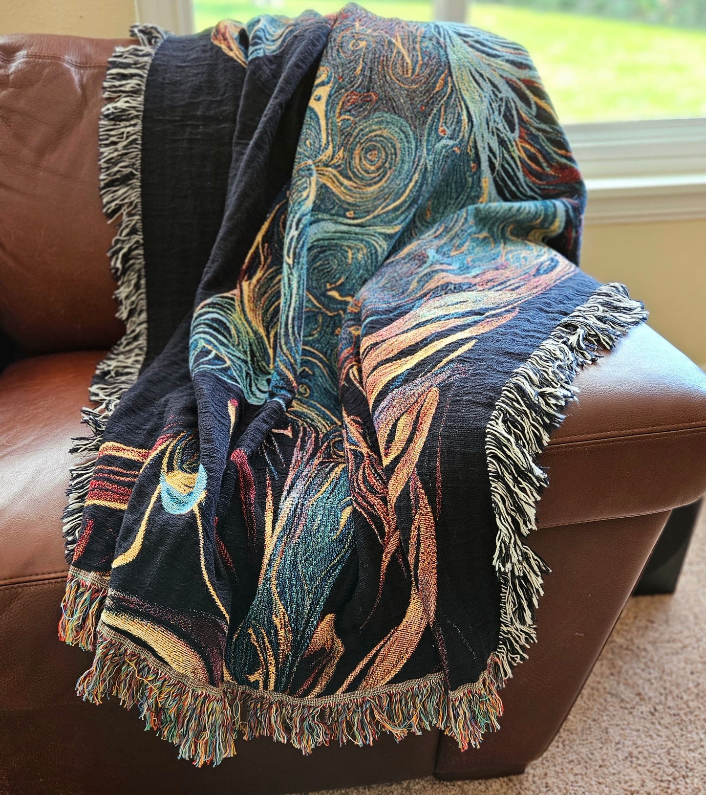 Embermane Woven Blanket featuring a vibrant horse painting, crafted from 100% cotton for a luxurious and durable home accent.