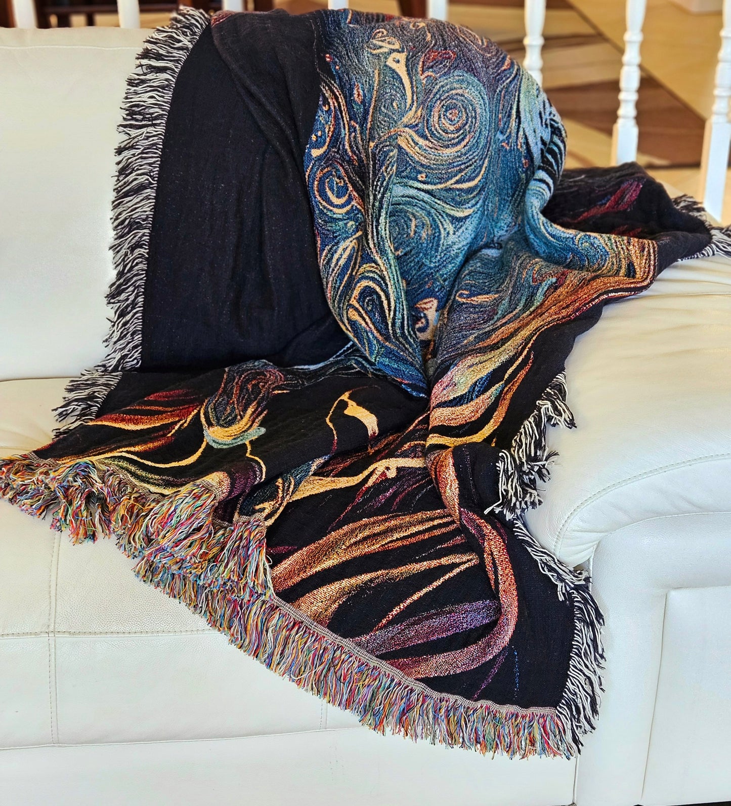 Embermane Woven Blanket featuring a vibrant horse painting, crafted from 100% cotton for a luxurious and durable home accent.