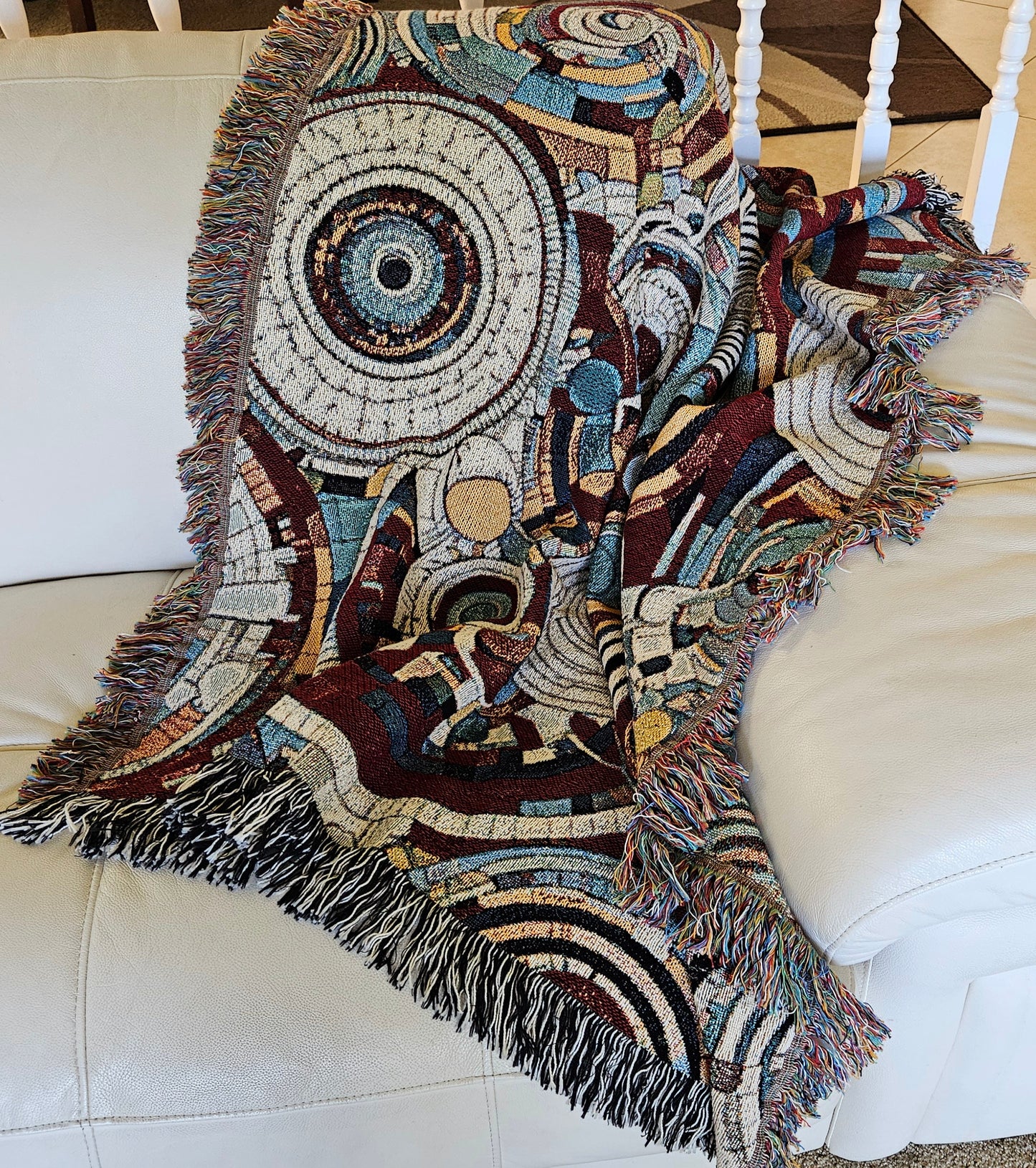 Spiral Abstraction I Woven Blanket featuring a vibrant pattern, showcasing artistic motifs, made from 100% pure cotton for a luxurious touch.
