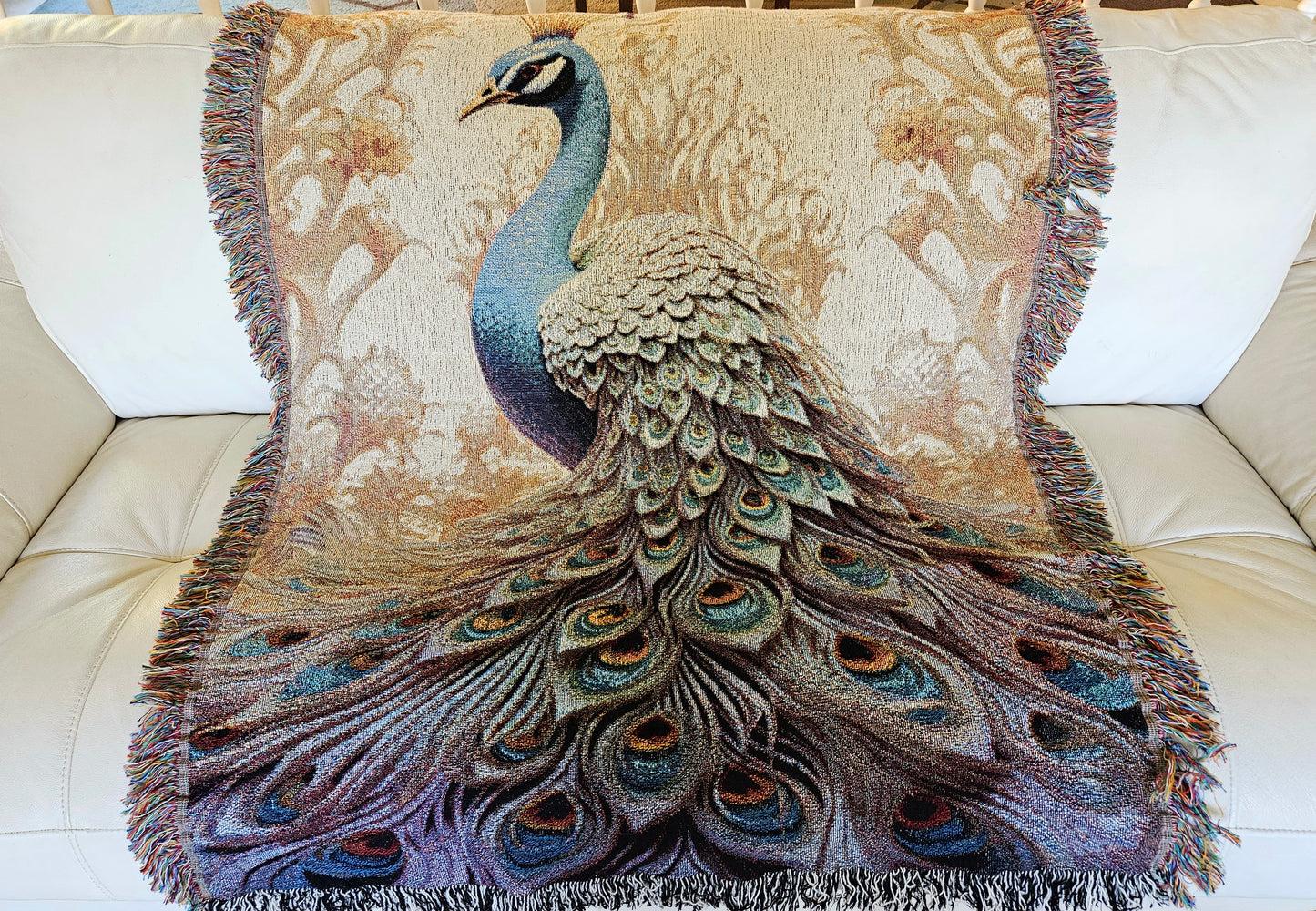 The Peacock Emperor woven blanket showcases a detailed peacock design, highlighting luxurious craftsmanship ideal for enhancing home décor.