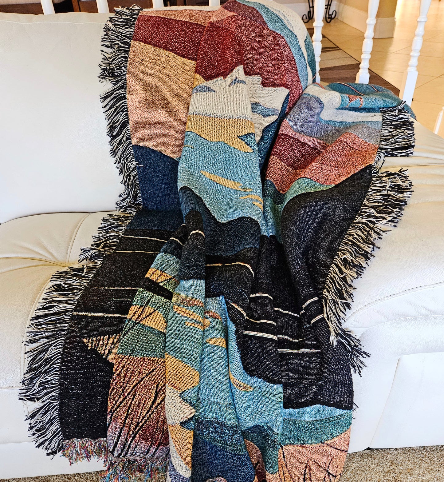 woven blanket, woven throw, throw, throw blanket, cotton woven blanket, jacquard woven blanket, jacquard weave, art blanket, art throw blanket, mountain peak blanket, mountain lake blanket, blanket with mountains and lake, retro vibes blanket