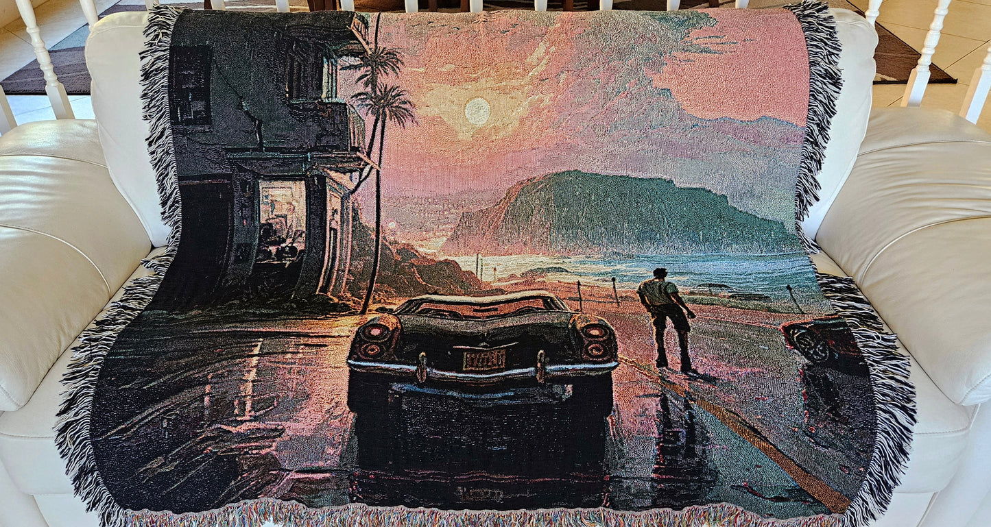 Man walking by a car under rain depicted on the Reflections in the Rain woven blanket from Artifact1337, showcasing luxury and intricate weaving.
