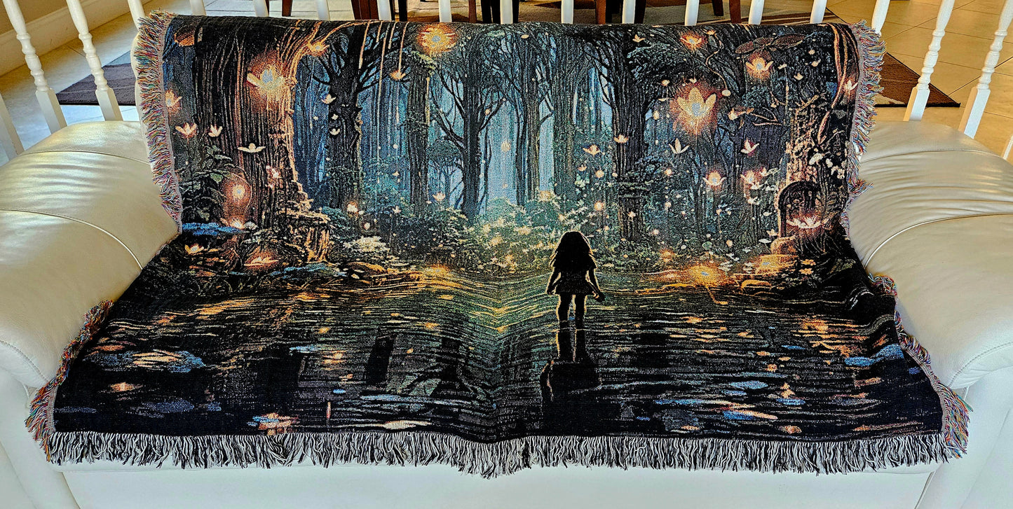Woven blanket featuring Forest of Magic design, depicting a girl in a lit forest, blending art and luxury for home decor.
