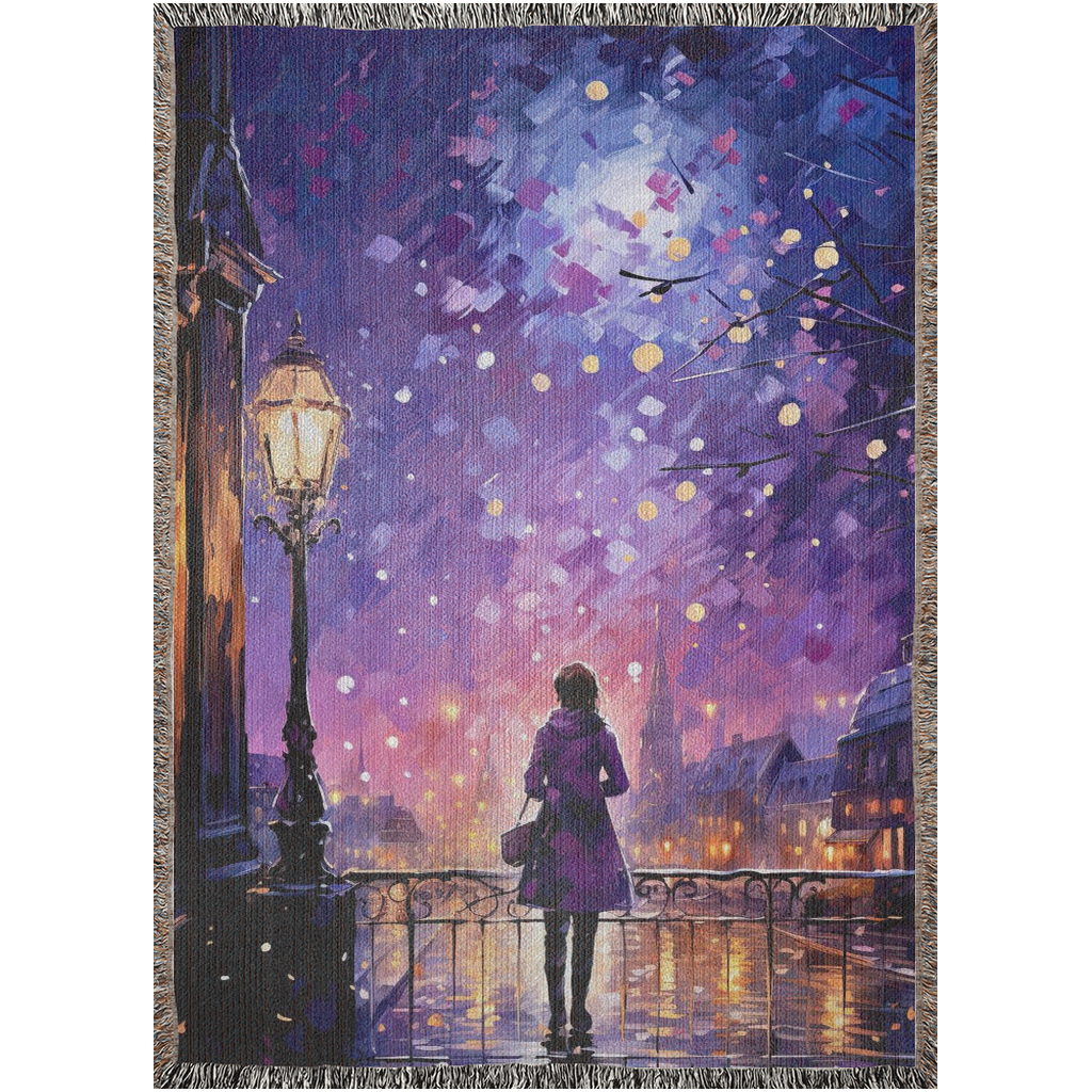 Paris in Lavender II woven blanket featuring an artistic depiction of a woman on a balcony, adding luxury and personality to home decor.
