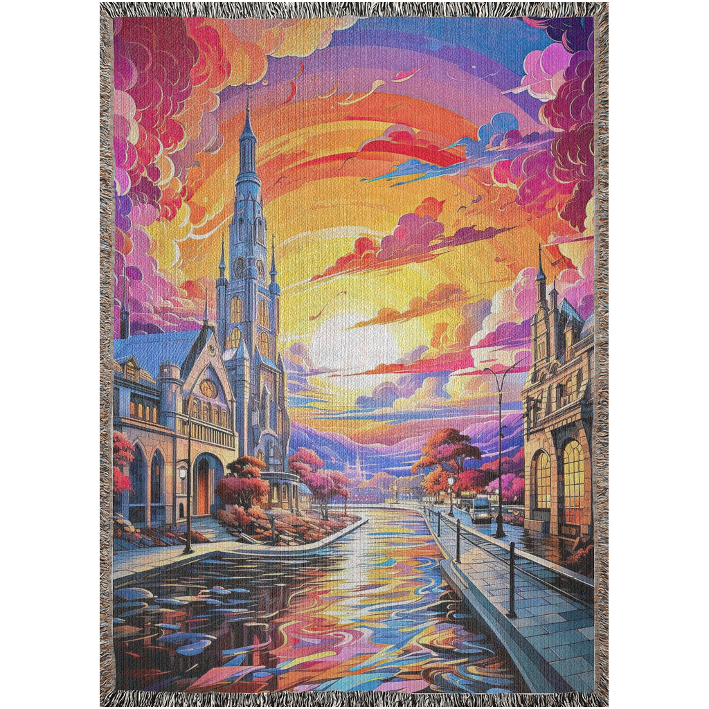 Woven blanket featuring a colorful tapestry of a church and river, titled Canal of Colors. Made of 100% cotton, perfect as a home decor piece.