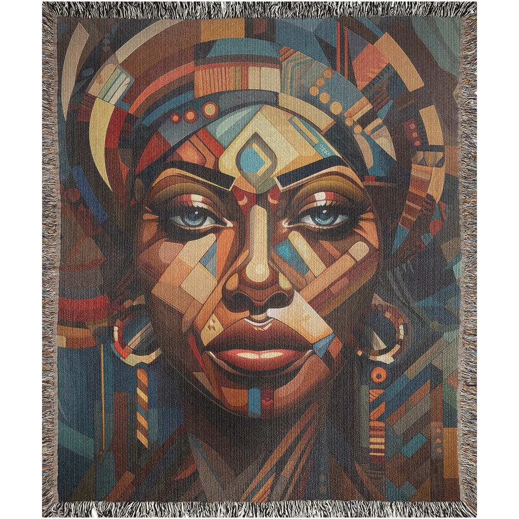 Cubist Beauty I Woven Blanket featuring a woman's face in a colorful tapestry, made from 100% cotton, perfect for home décor or gifting.