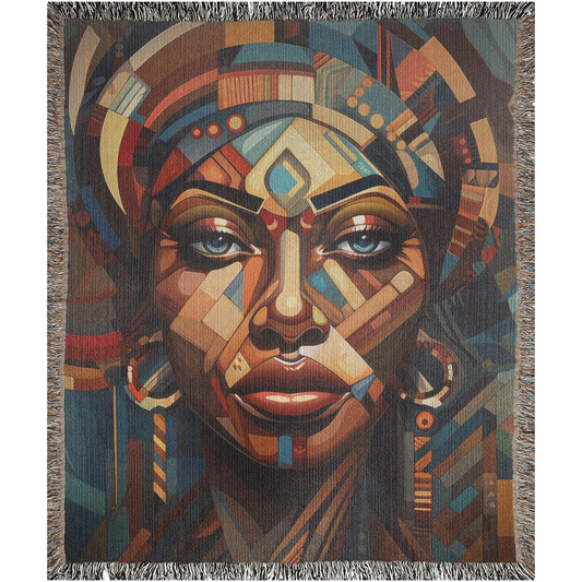 Cubist Beauty I Woven Blanket featuring a woman's face in a colorful tapestry, made from 100% cotton, perfect for home dΓ©cor or gifting.