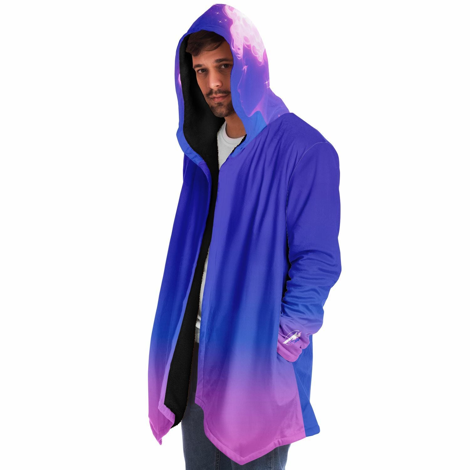A man wearing the Ethereal Gem 1337 Cloak, showcasing its hooded design and luxurious fabric, perfect for warmth and style on chilly days.
