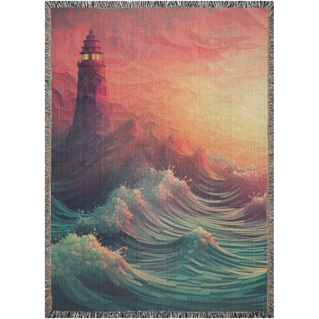 Long Journey Beacon Woven Blanket featuring a lighthouse art design, perfect for adding luxury and personality to home décor or gifting.