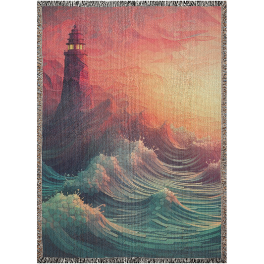 Long Journey Beacon Woven Blanket featuring a lighthouse art design, perfect for adding luxury and personality to home dΓ©cor or gifting.