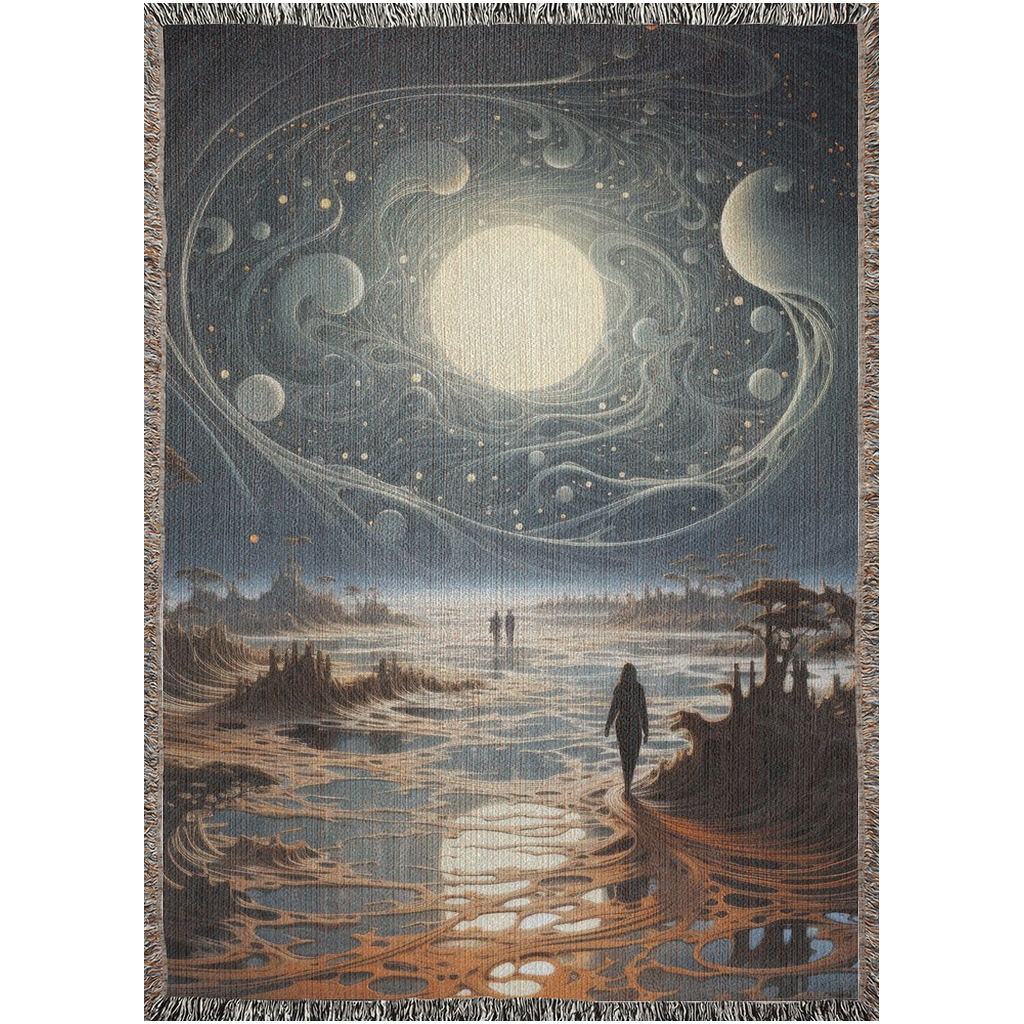 Celestial Portal I Woven Blanket featuring a painting of a person walking on a beach, crafted from 100% cotton for luxurious home decor.