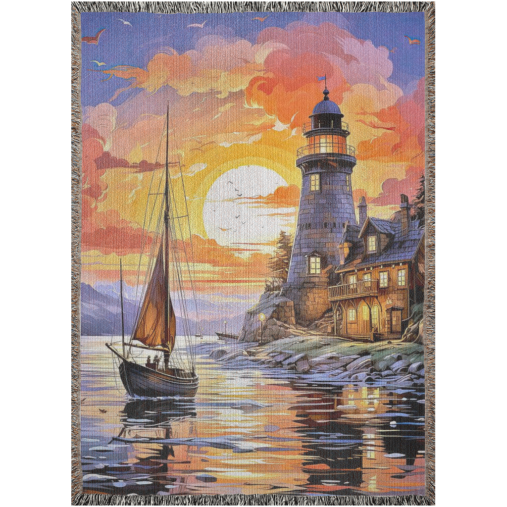 Lighthouse at Sunset Woven Blanket featuring a sailboat on the water, intricately woven with 100% pure cotton for a luxurious touch.