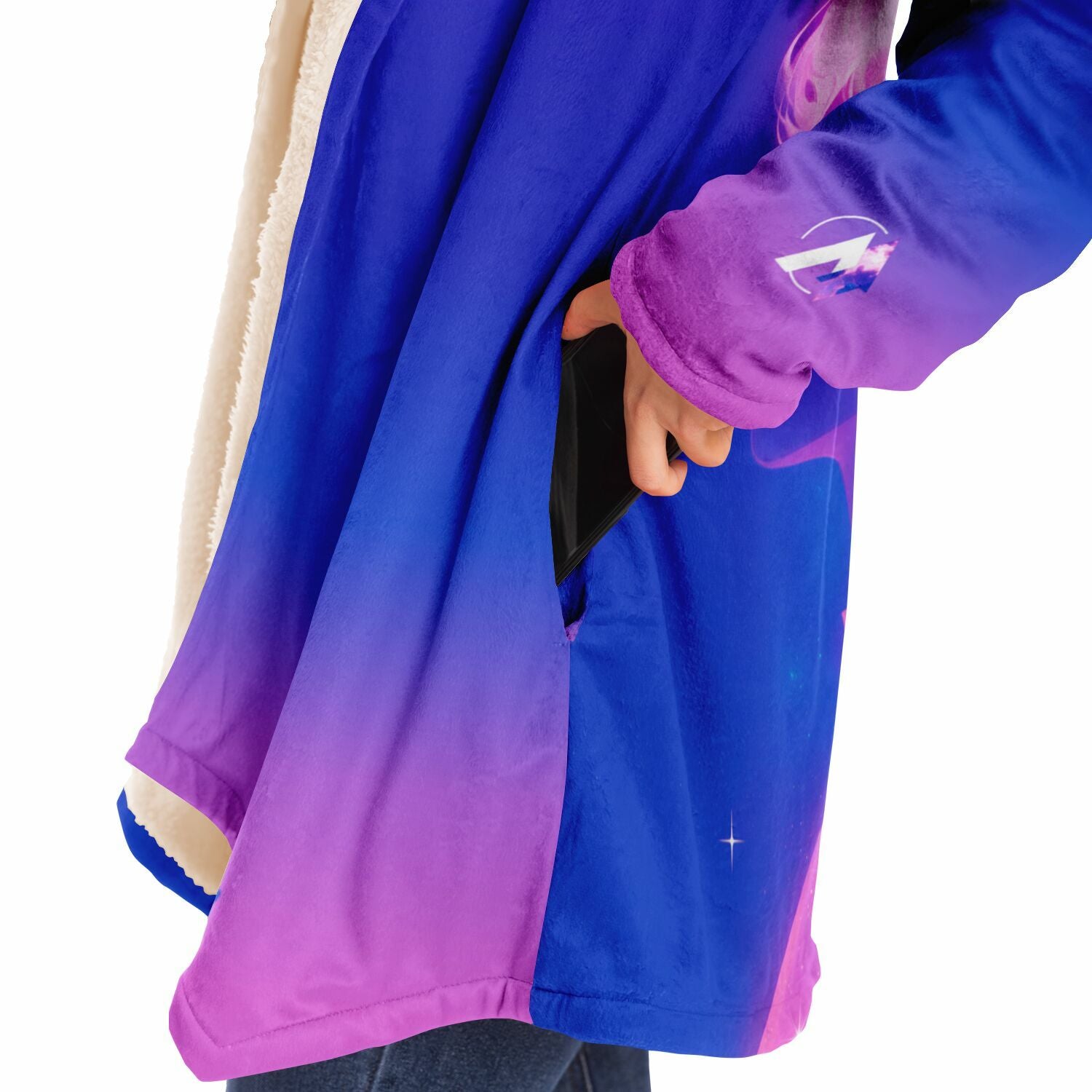 Person wearing the Ethereal Gem hoodie, showcasing a detailed design of a woman, highlighting the stylish comfort of the 1337 Cloak collection.
