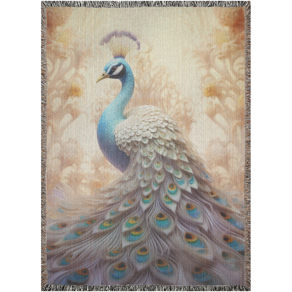 The Peacock Emperor woven blanket showcases a detailed peacock design, highlighting luxurious craftsmanship ideal for enhancing home décor.